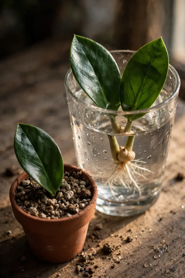 ZZ leaflets rooting in small pots and a water glass with new root nubs