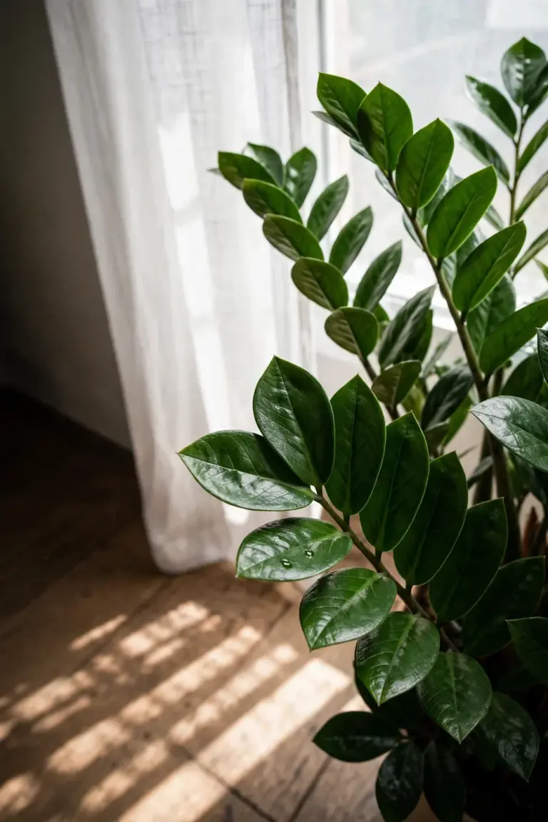 Dense ZZ plant with glossy leaflets beside a bright window with a sheer curtain