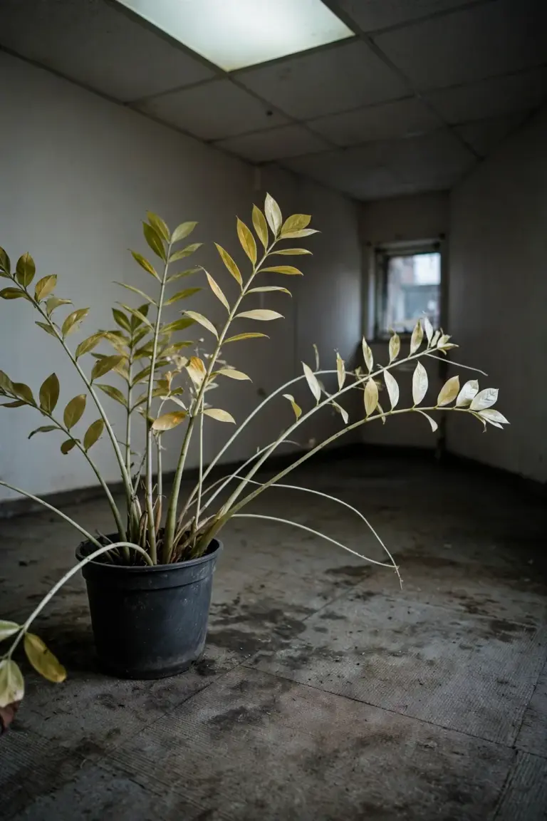 Leggy pale ZZ plant with stretched stems in a dim office corner near a small window