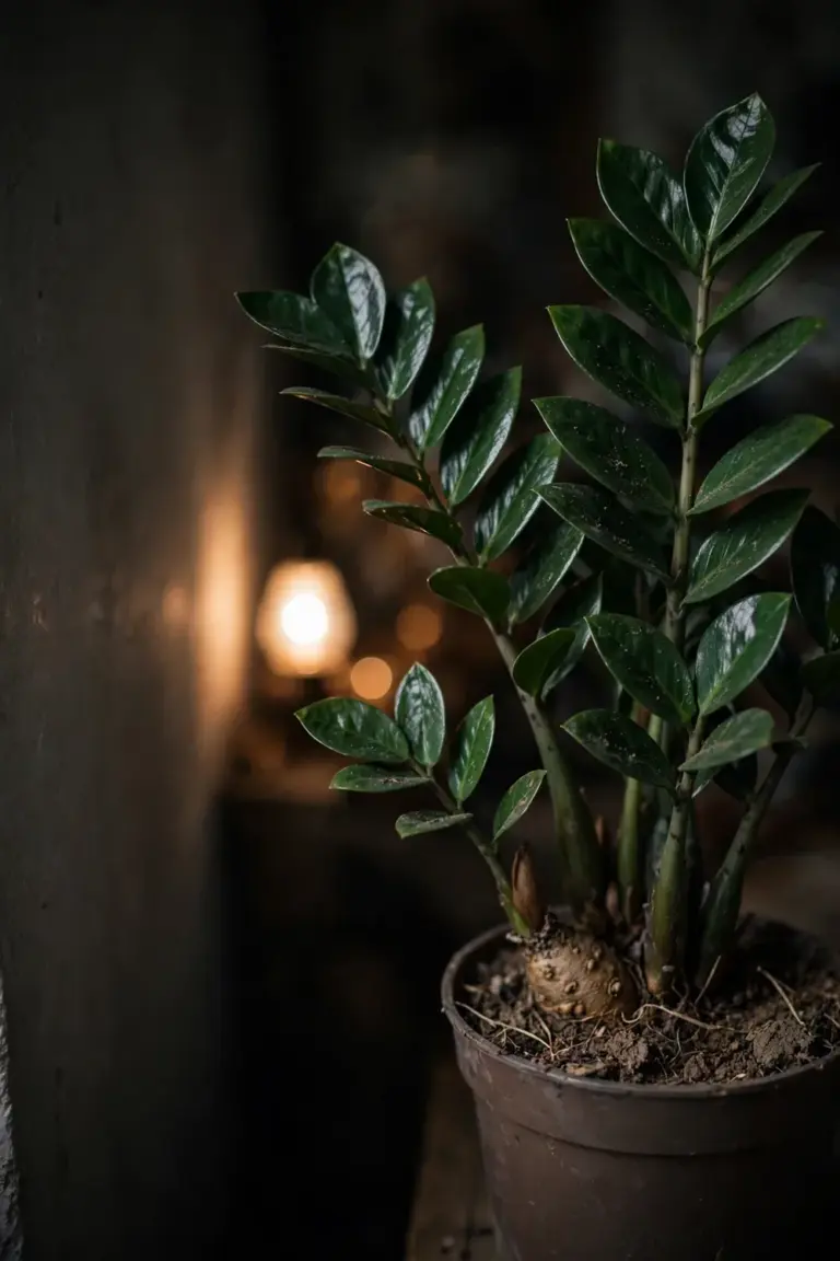 ZZ plant with glossy dark green leaves in a nursery pot in a dim corner