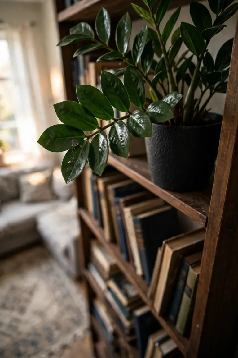 ZZ plant placed high on a tall bookshelf above a bright living room