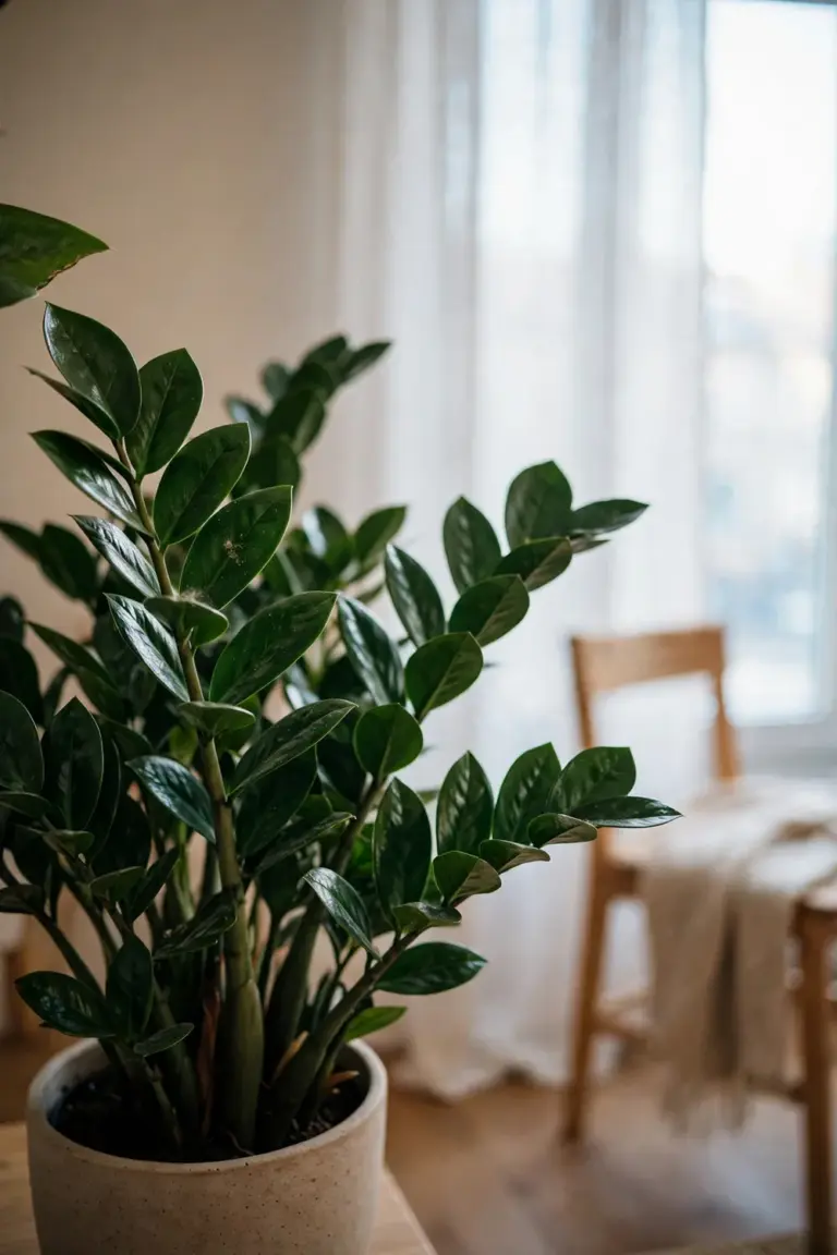 ZZ plant on a stand in a warm bright living room near a large window