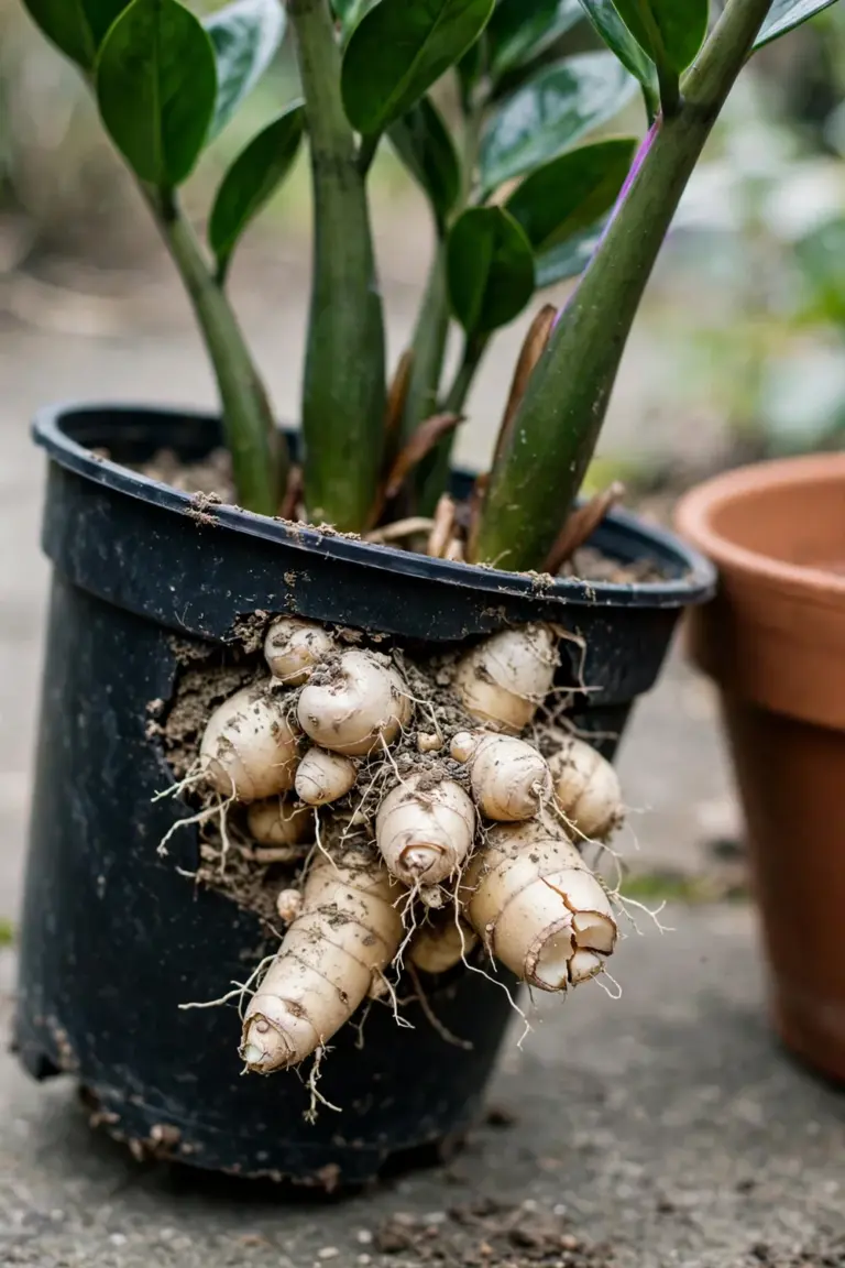 Pale firm ZZ rhizomes bulging from a nursery pot beside a larger terracotta pot