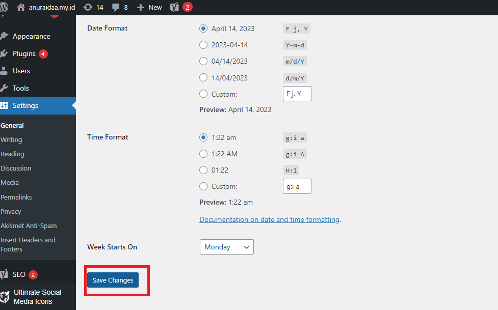 Cara mengubah bahasa pada dashboard wordpress 1