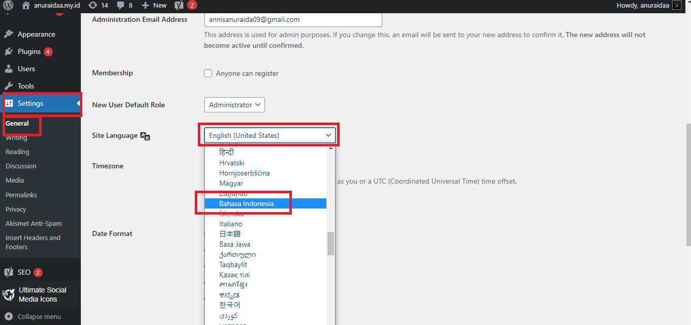 Cara mengubah bahasa pada dashboard wordpress