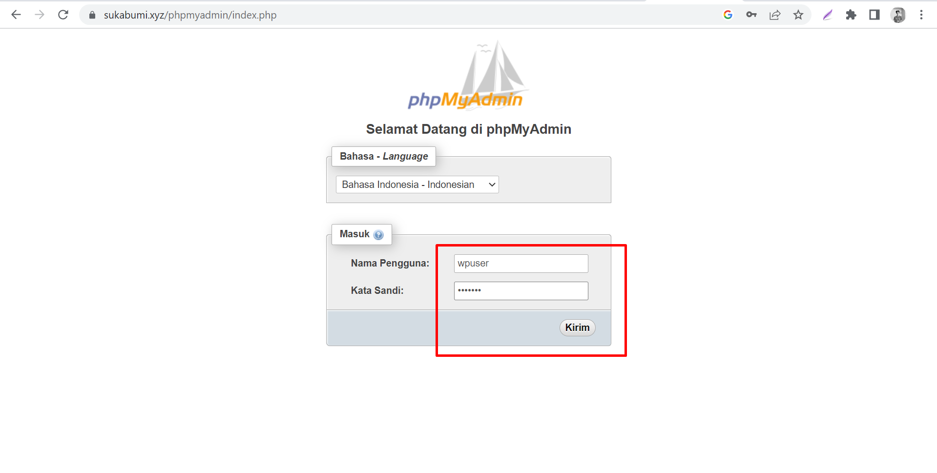 Login ke PhpMyAdmin