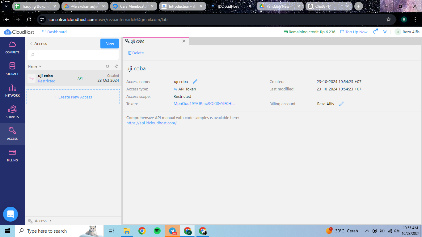Membuat Token Akses Pribadi untuk API IDCloudHost