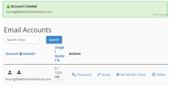 Domain yang berhasil dibuat akan tampil pada tabel