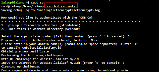 cerbot certonly pada panduan cara install SSL Let's Encrypt pada App catalog WordPress
