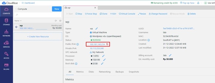 Home page console platform IDCloudHost