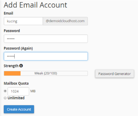 isi formulir untuk membuat email dengan domain sendiri di cPanel