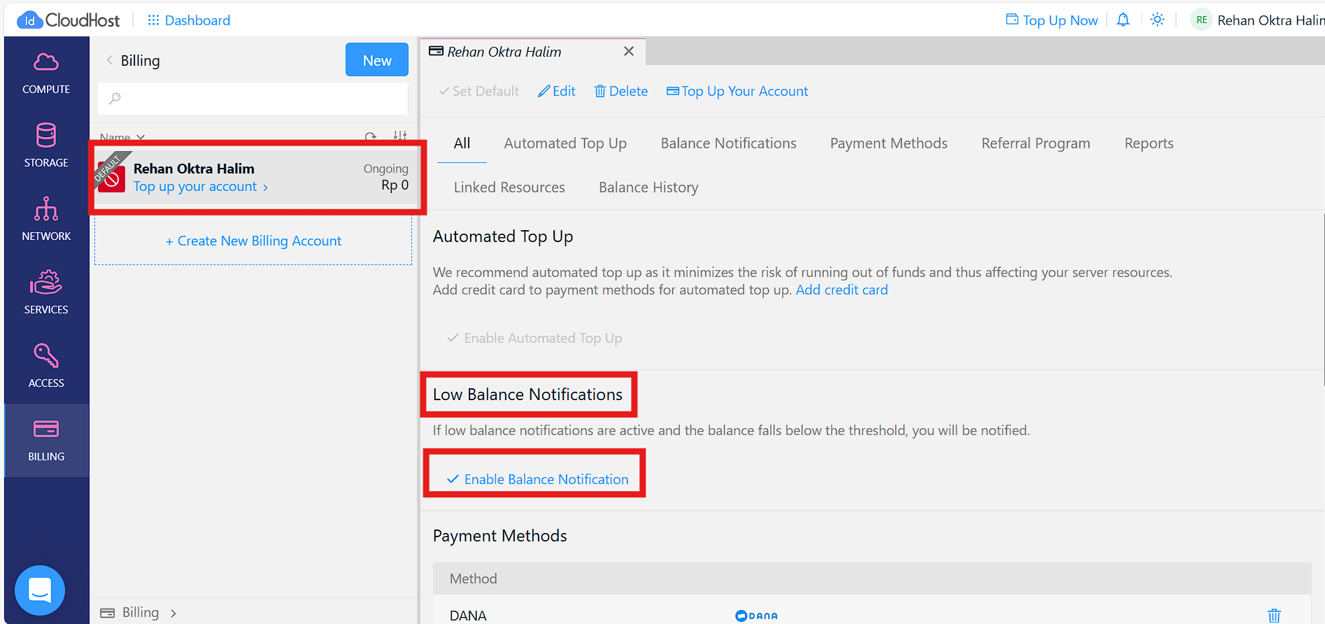 Silakan mengaktifkan low balance notification