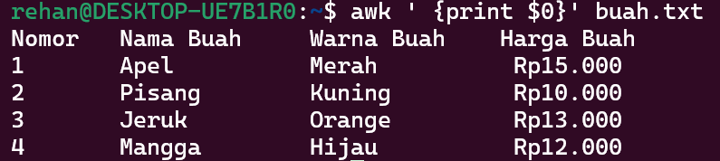 command awk linux untuk Mencetak Semua Baris Pada File