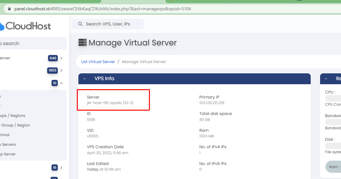 masuk ke server host tempat image vps disimpan