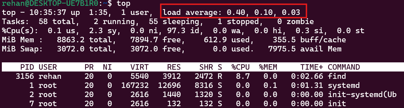 menggunakan perintah top untuk melihat load average linux
