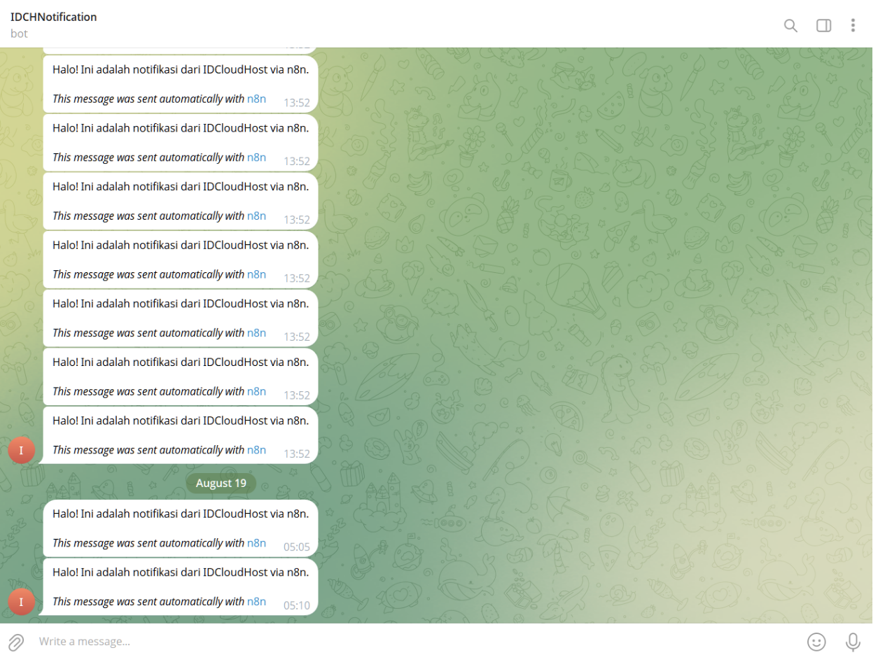 mengirimkan notifikasi otomatis ke Telegram melalui n8n