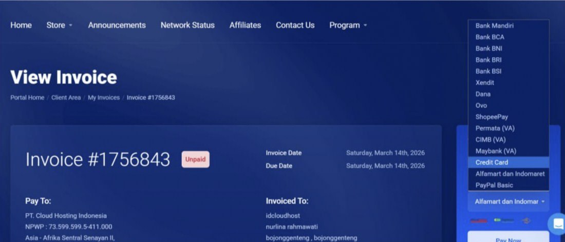 konfirmasi pembayaran IDCloudHost