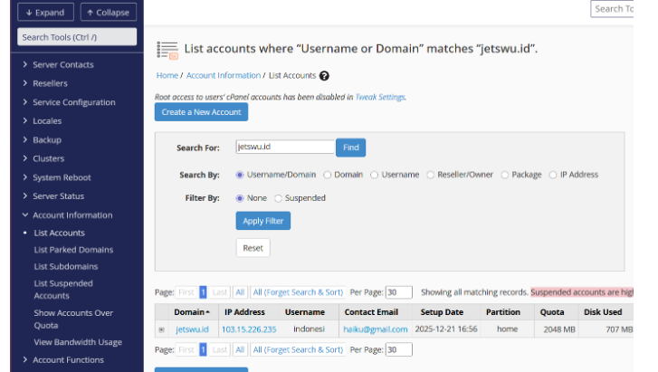 list account cPanel