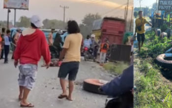 Terbalik Usai Menabrak Tumpukan Ban Bekas, Supir Berusia 21 Tahun