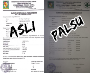 Surat Pemeriksaan Kesehatan Yang Diterbitkan Puskesmas Tanah Jawa (kiri) dan Surat Pemeriksaan Kesehatan Yang Diduga dipalsukan, Dian Faqih.