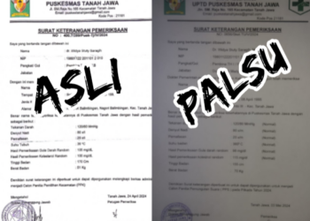 Surat Pemeriksaan Kesehatan Yang Diterbitkan Puskesmas Tanah Jawa (kiri) dan Surat Pemeriksaan Kesehatan Yang Diduga dipalsukan, Dian Faqih.