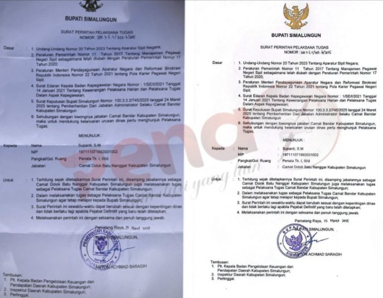 SP Plt Camat Bandar jadi Dua, Berstempel Garuda dan BKPSDM, Albert: Silap