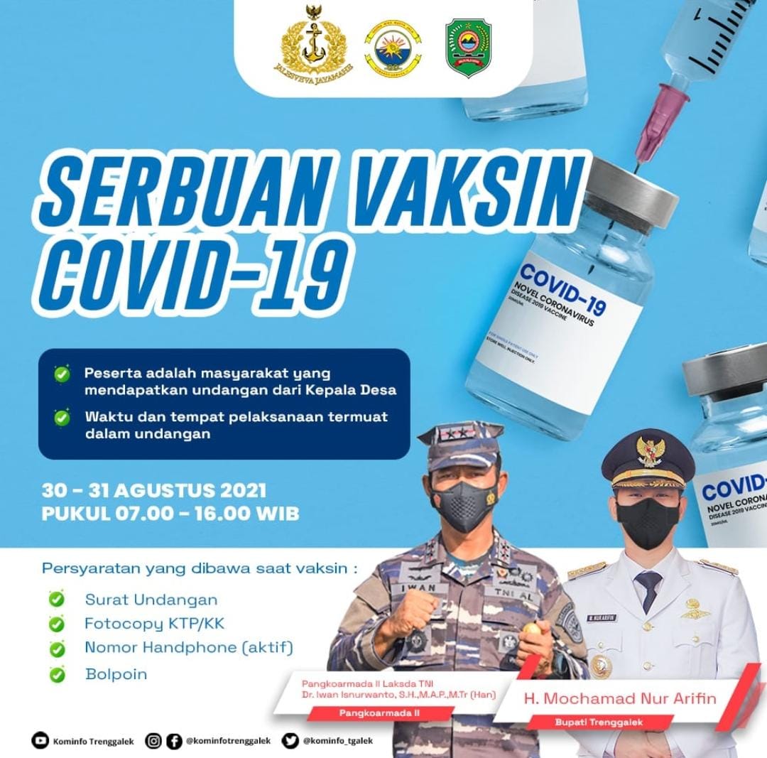 Pemkab Trenggalek Adakan Vaksinasi Covid-19 Tanggal 30 – 31 Agustus 2021 di Tiap Kecamatan