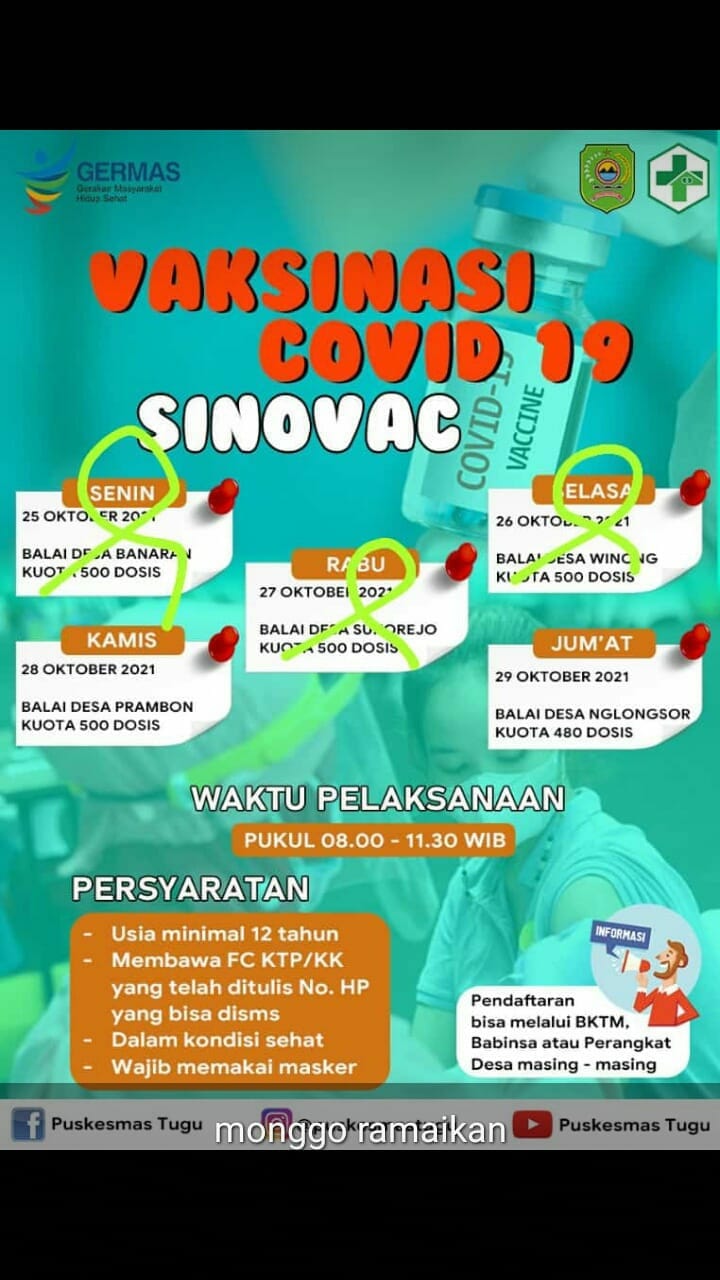 Jadwal vaksinasi Covid-19 di Kecamatan Tugu