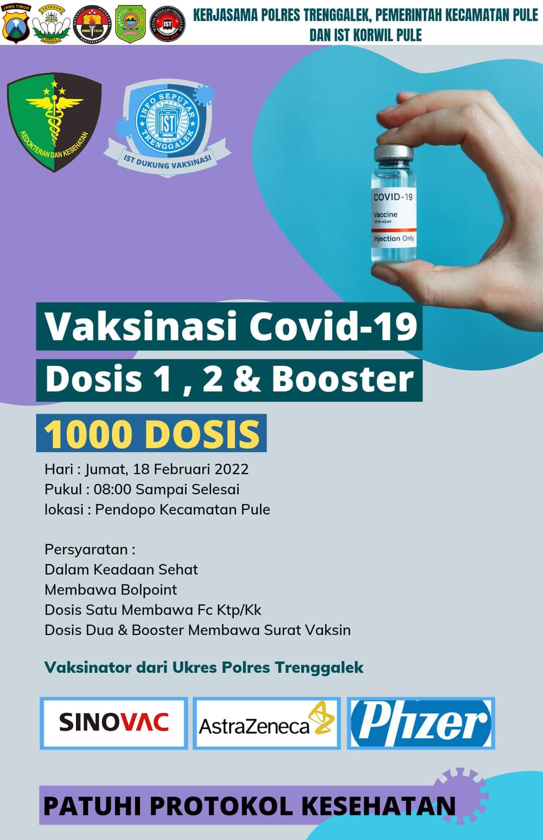Jadwal Vaksin Covid-19 Trenggalek, 18 Februari 2022