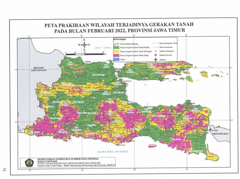 Peta prakiraan tanah longsor Jawa Timur Februari 2022