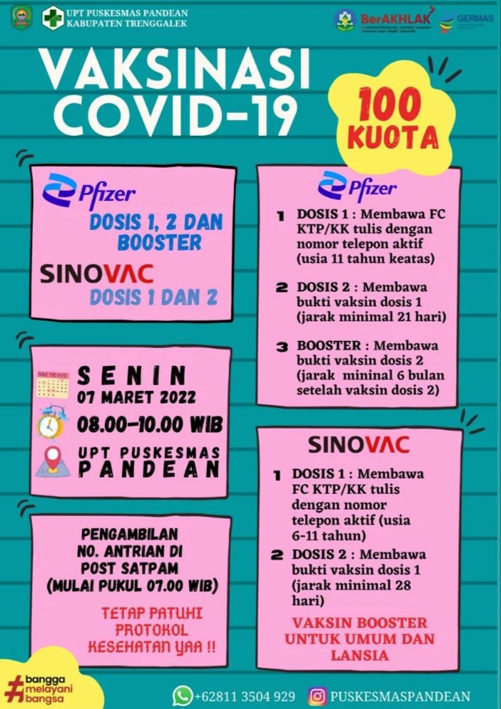 Jadwal Vaksin Covid-19 di Kecamatan Dongko