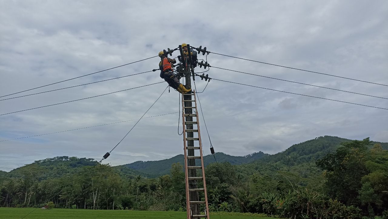 Petugas PLN Trenggalek sedang memperbaiki jaringan listrik di Kecamatan Tugu