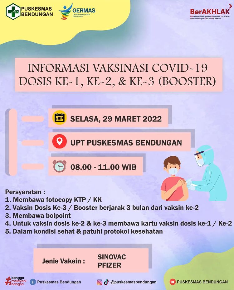 Jadwal Vaksin Covid-19 di Kecamatan Bendungan