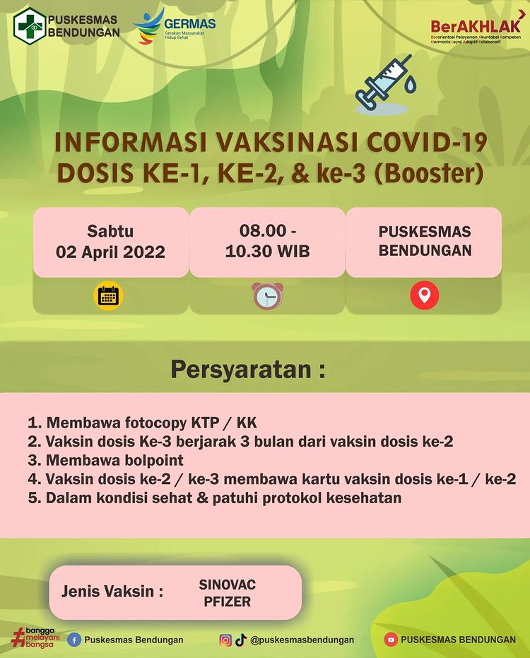 Jadwal Vaksin Covid-19 di Kecamatan Bendungan