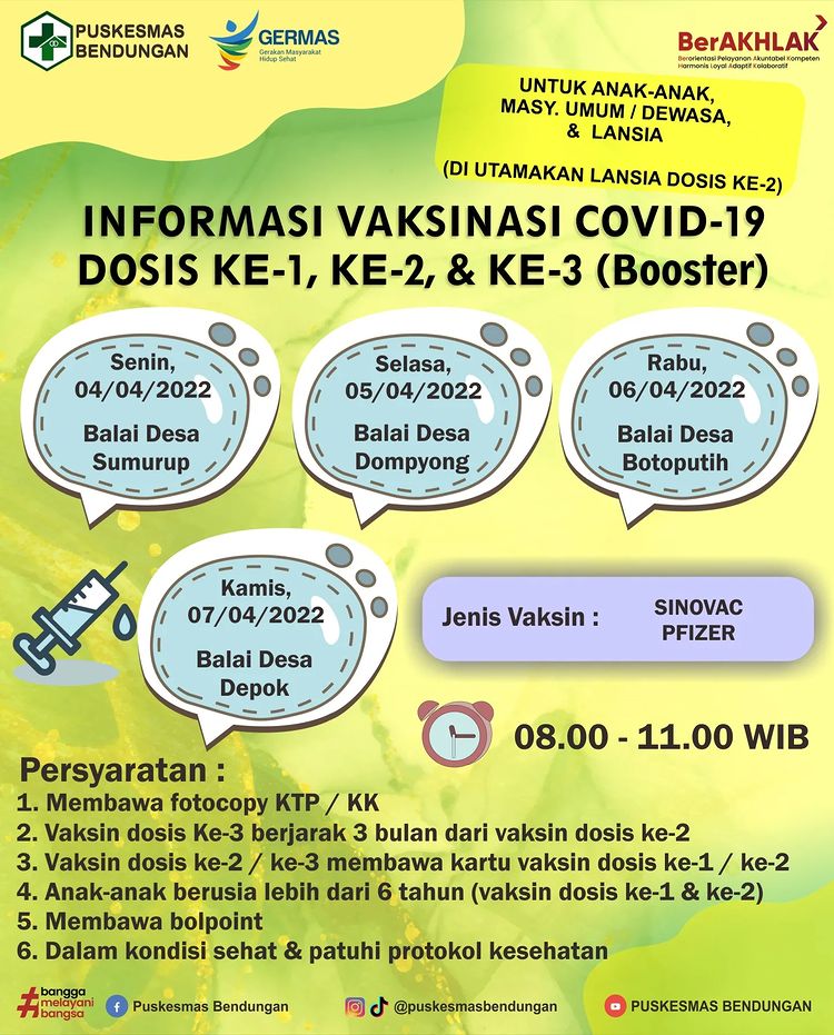 Jadwal Vaksin Covid-19 di Kecamatan Bendungan