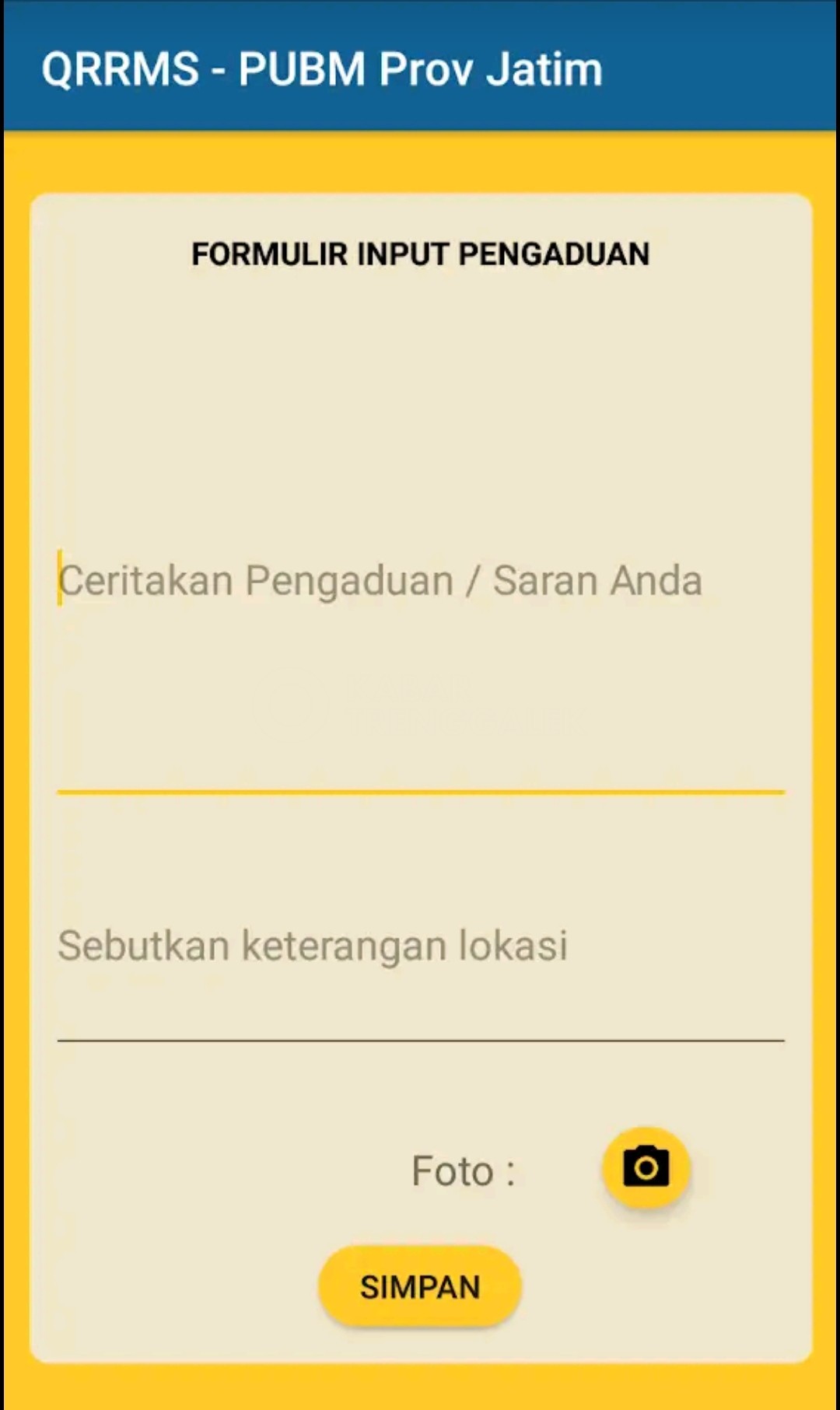 Tampilan formulir pengaduan di aplikasi QRRMS Jawa Timur