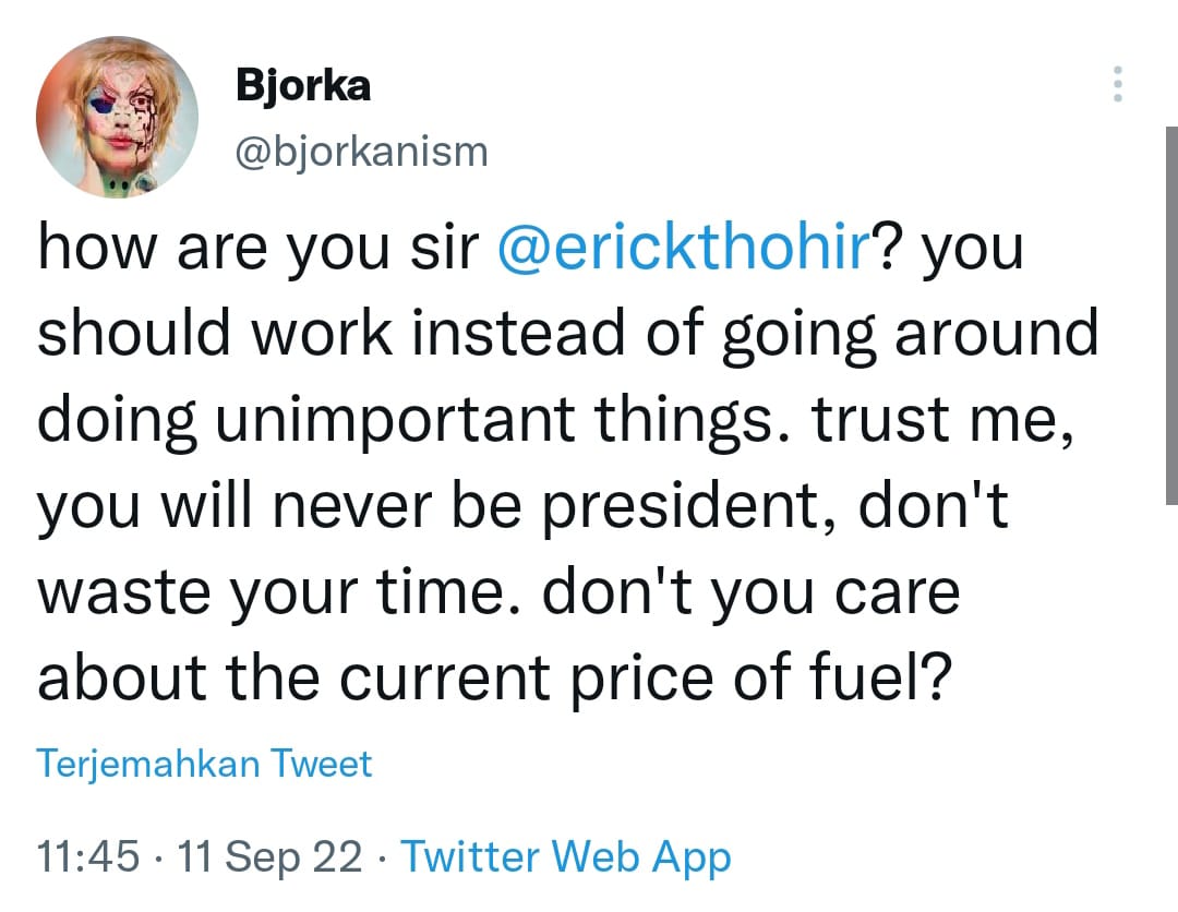 Sentilan hacker Bjorka ke Erick Thohir di Twitter