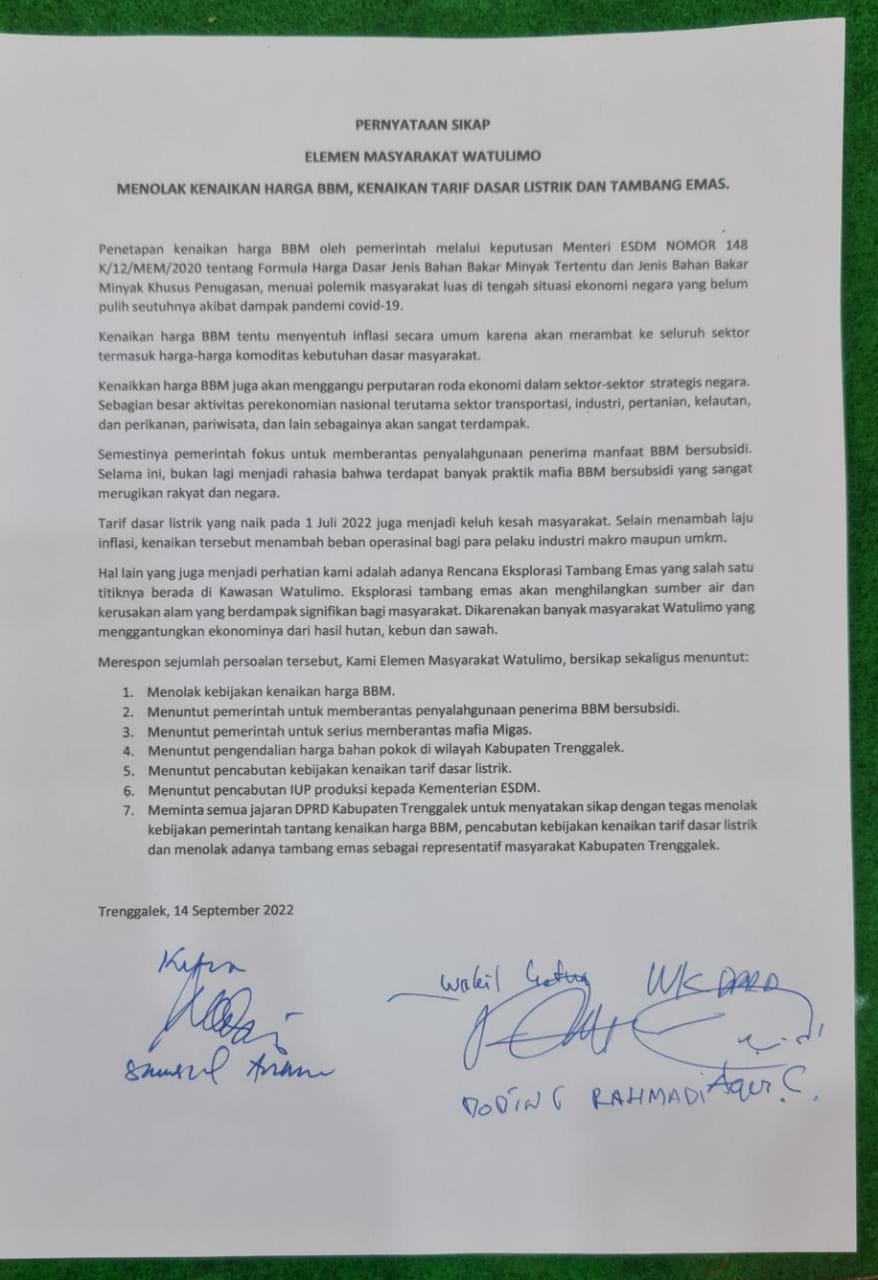 Surat pernyataan sikap Elemen Masyarakat Watulimo