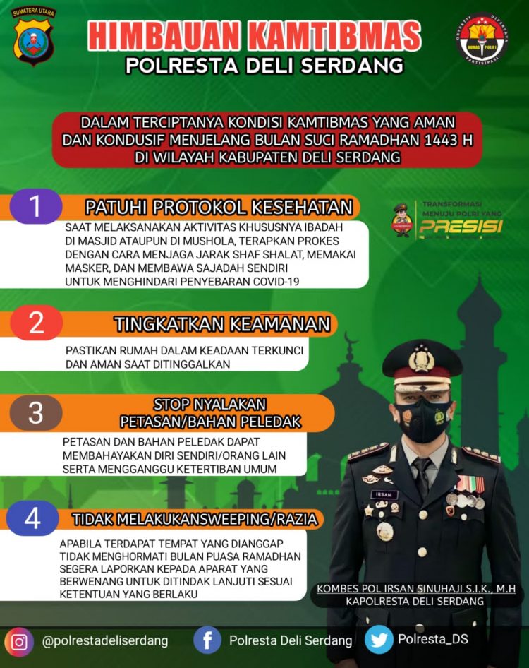 Kapolresta Deliserdang, Kombes. Pol. Irsan Sinuhaji SIK, MH himbau masyarakat patuhi prokes saat bulan puasa, Rabu (30/3).