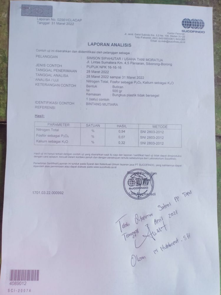 Laporan analisis Sucofindo - Medan atas kadar pupuk palsu, Rabu (6/4).