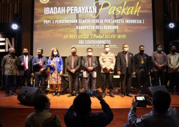 Kapolresta Deliserdang, Kombes. Pol. Irsan Sinuhaji saat hadiri perayaan paska Persatuan Gereja Gereja Pentakosta Indonesia, Senin (16/5).