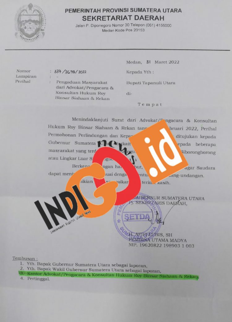 Surat Gubernur Sumut yang ditandatangani Plt. Setda Sumut terkait ganti rugi/ untung lahan jalan Lingkar Siborongborong, Selasa (10/5).