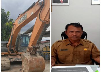 Alat berat yang dipakai pada kegiatan pembukaan jalan di Desa Barisan Nauli Kecamatan Sumbul (kiri) dan PLT Kepala Insfektorat Pemkab Dairi Elon Siagian (kanan), Sabtu (25/6)