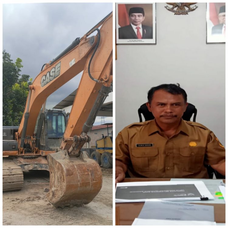 Alat berat yang dipakai pada kegiatan pembukaan jalan di Desa Barisan Nauli Kecamatan Sumbul (kiri) dan PLT Kepala Insfektorat Pemkab Dairi Elon Siagian (kanan), Sabtu (25/6)