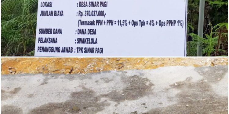 Plang kegiatan Dana Desa dan kondisi bahu jalan rabat beton yang sudah hancur parah, Jumat (1/7).