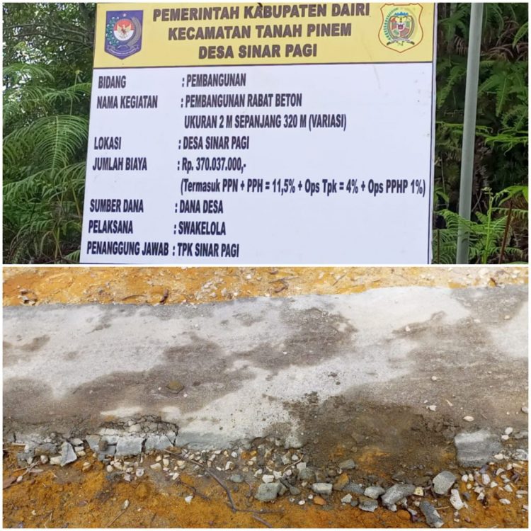Plang kegiatan Dana Desa dan kondisi bahu jalan rabat beton yang sudah hancur parah, Jumat (1/7).