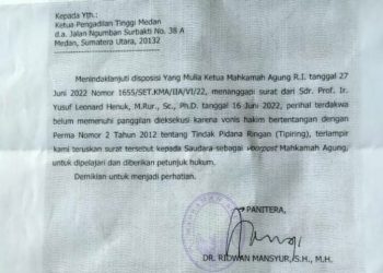 Surat Panitera Mahkamah Agung kepada Ketua PN Medan atas polemik proses hukum yang dihadapi Prof. YLH, Selasa (12/7).