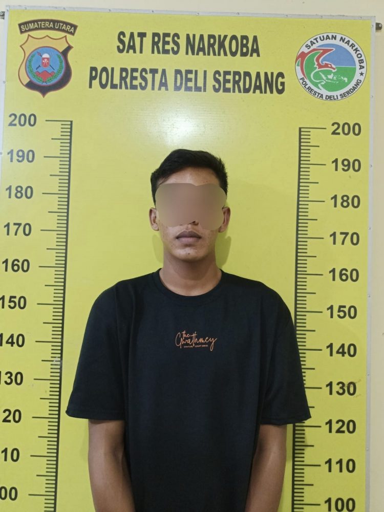 Tersangka, MR jaringan pengedar ganja antar provinsi saat diamankan di Mapolresta Deliserdang, Selasa (19/7).