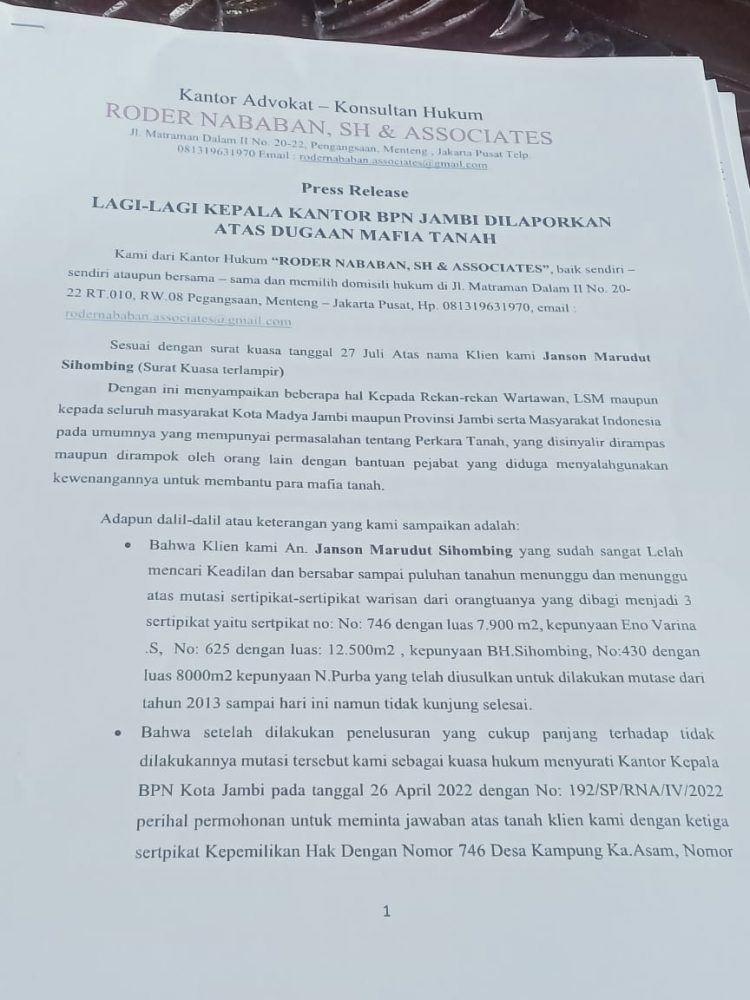 Surat press rilis Roder Nababan SH, Kamis (28/7).