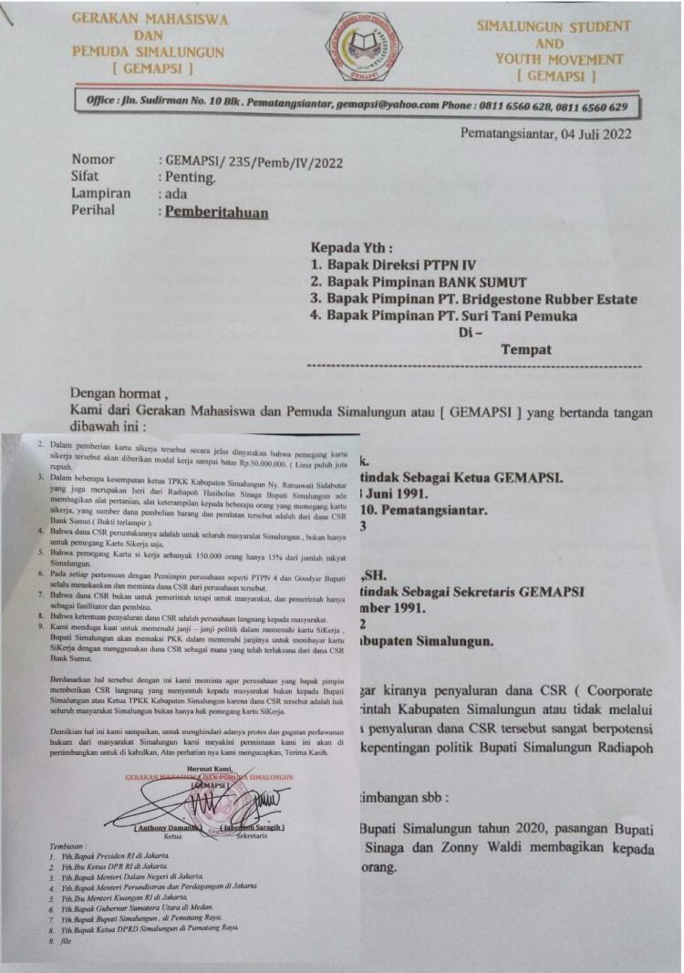 Surat GEMAPSI kepada 4 Perusahaan yang menyalurkan dana CSR, Senin (4/7).